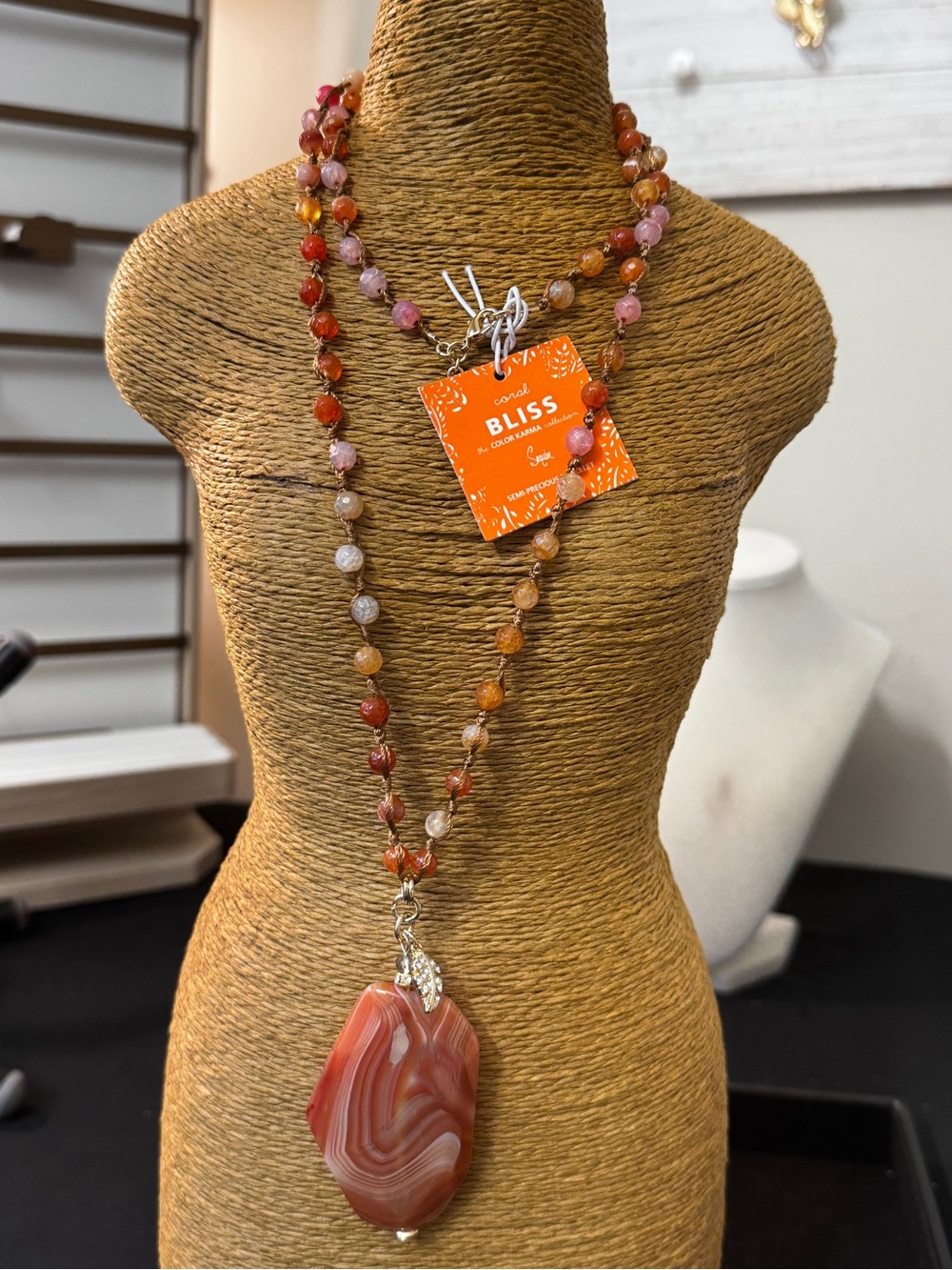 Bliss Orange and Pink Agate Pendant Beaded Necklace - Bliss